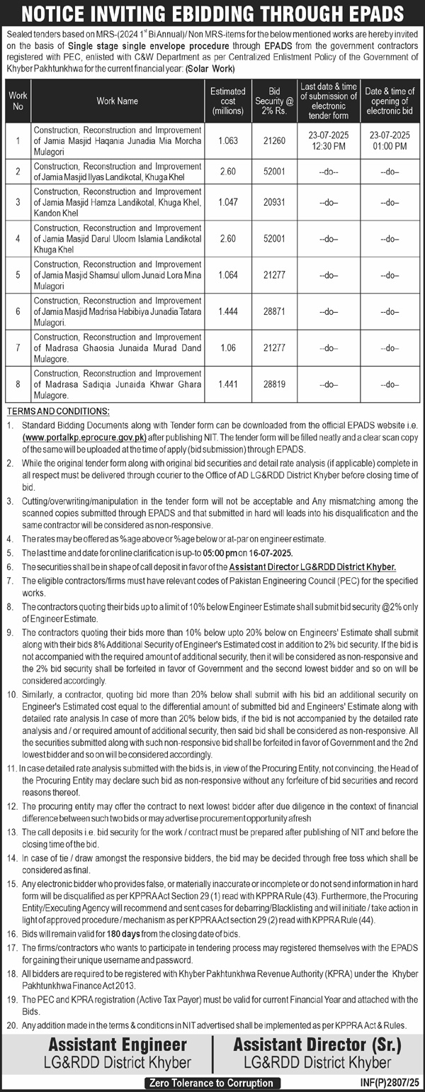 LG&RDD Khyber Tender Notice